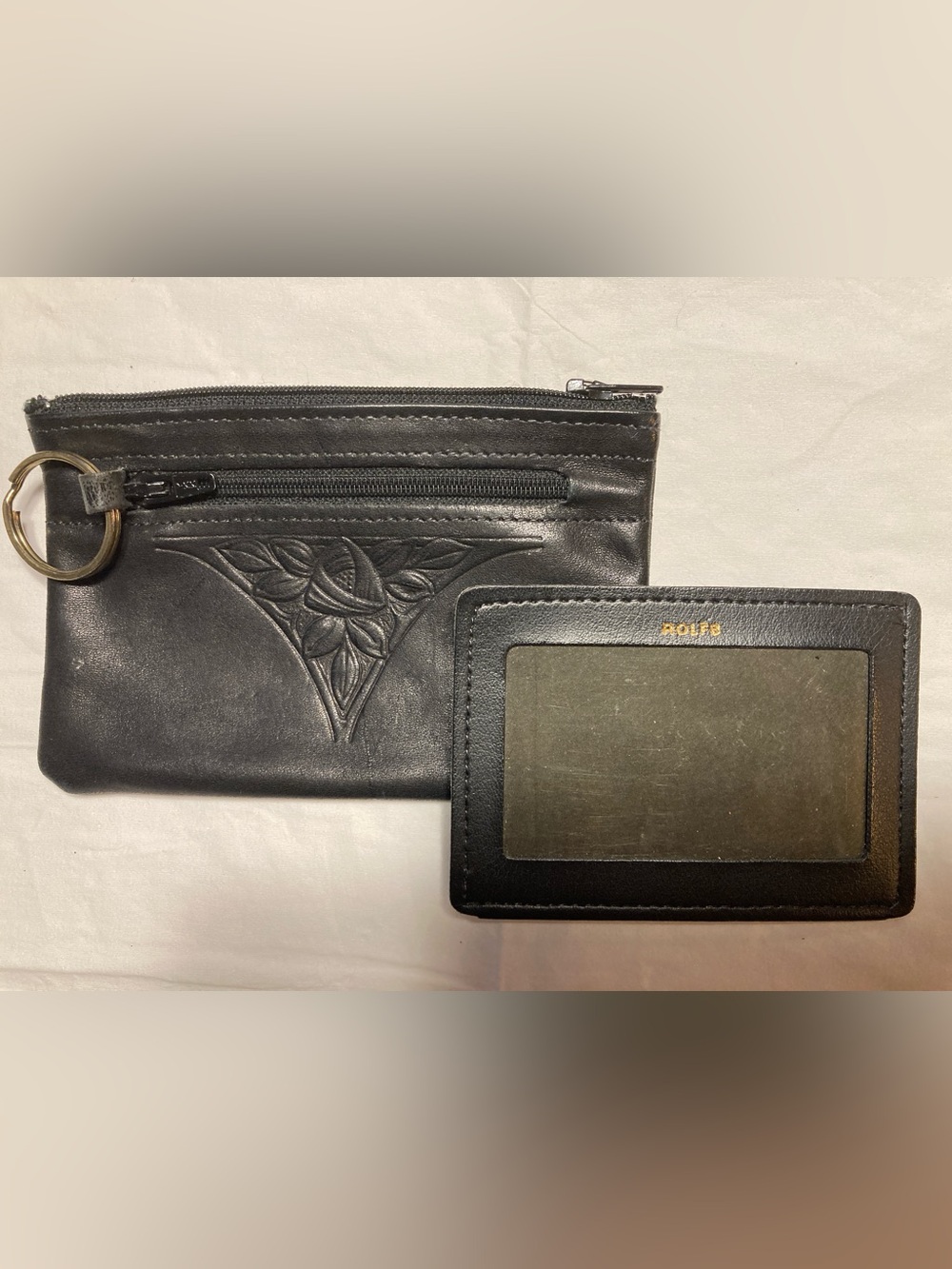 Rolfs Black Cowhide Leather Change Purse/Card Holder/Key Ring with Zip Pockets
